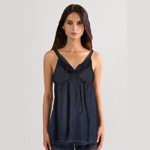 GOLD HAWK Silk Chiffon Satin Navy Camisole Top Ribbon-Tie & Ruffled Neck Sz L